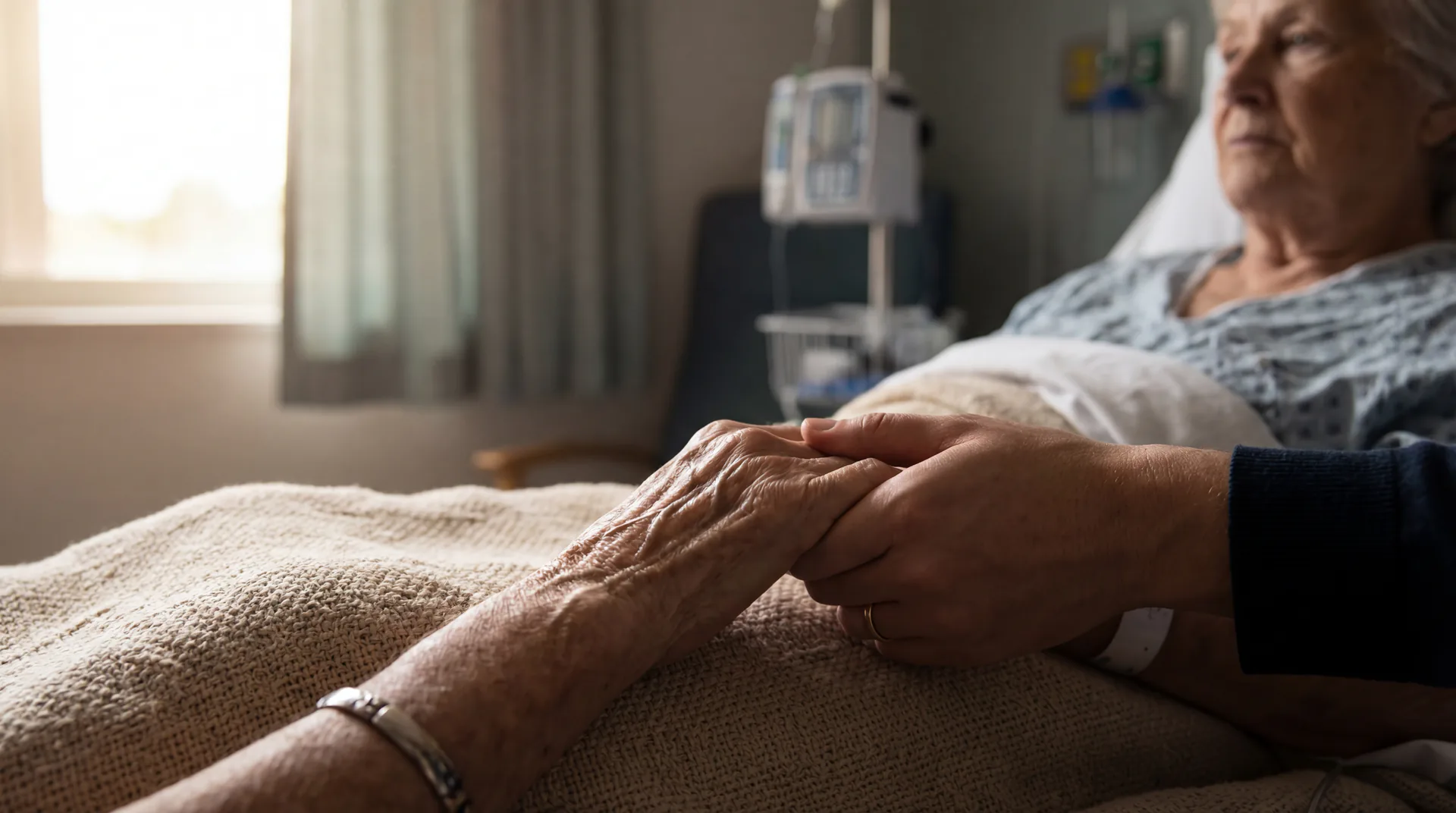 Family member holding elderly patient's hand in hospital bed — bedsore negligence attorneys